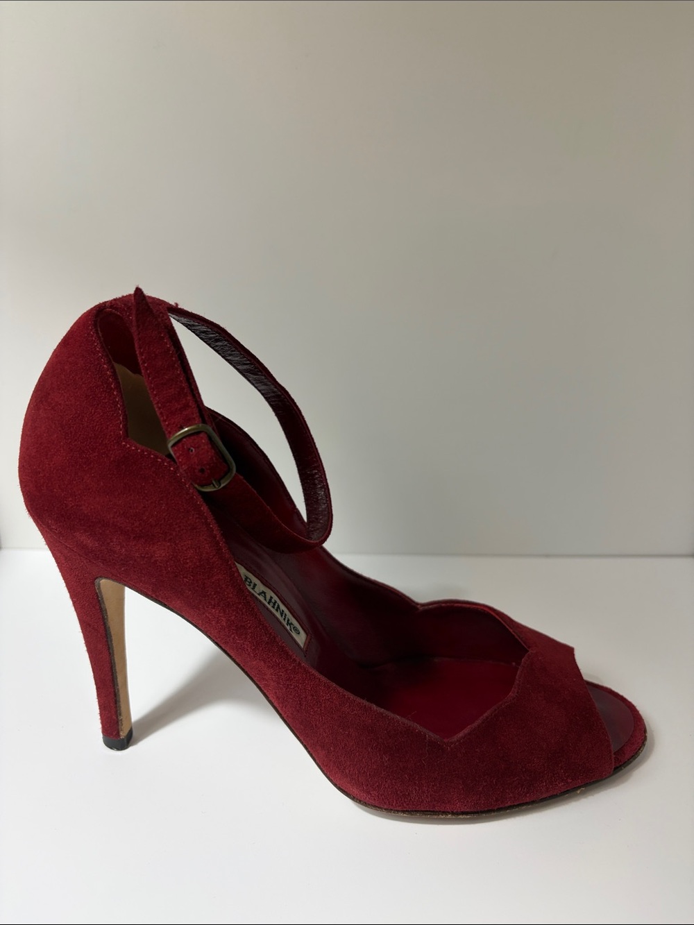 Manolo Blahnik Red Suede Peep-Toe Ankle-Strap Pumps